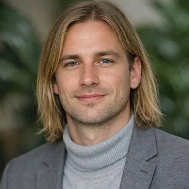 Man in his early 30s, blonde shoulder-length hair, gray-blue eyes, composed expression