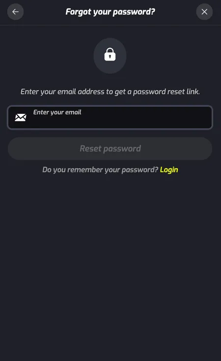 F7 Casino password reset screen with email input field